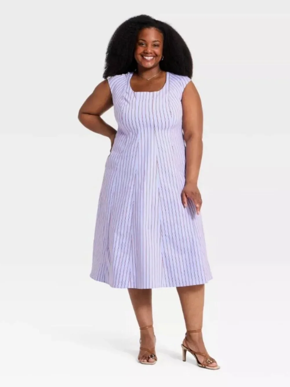 AVA & ViV Light Blue Sleeveless Red Stripes Midi NWT 18 - Picture 3 of 3
